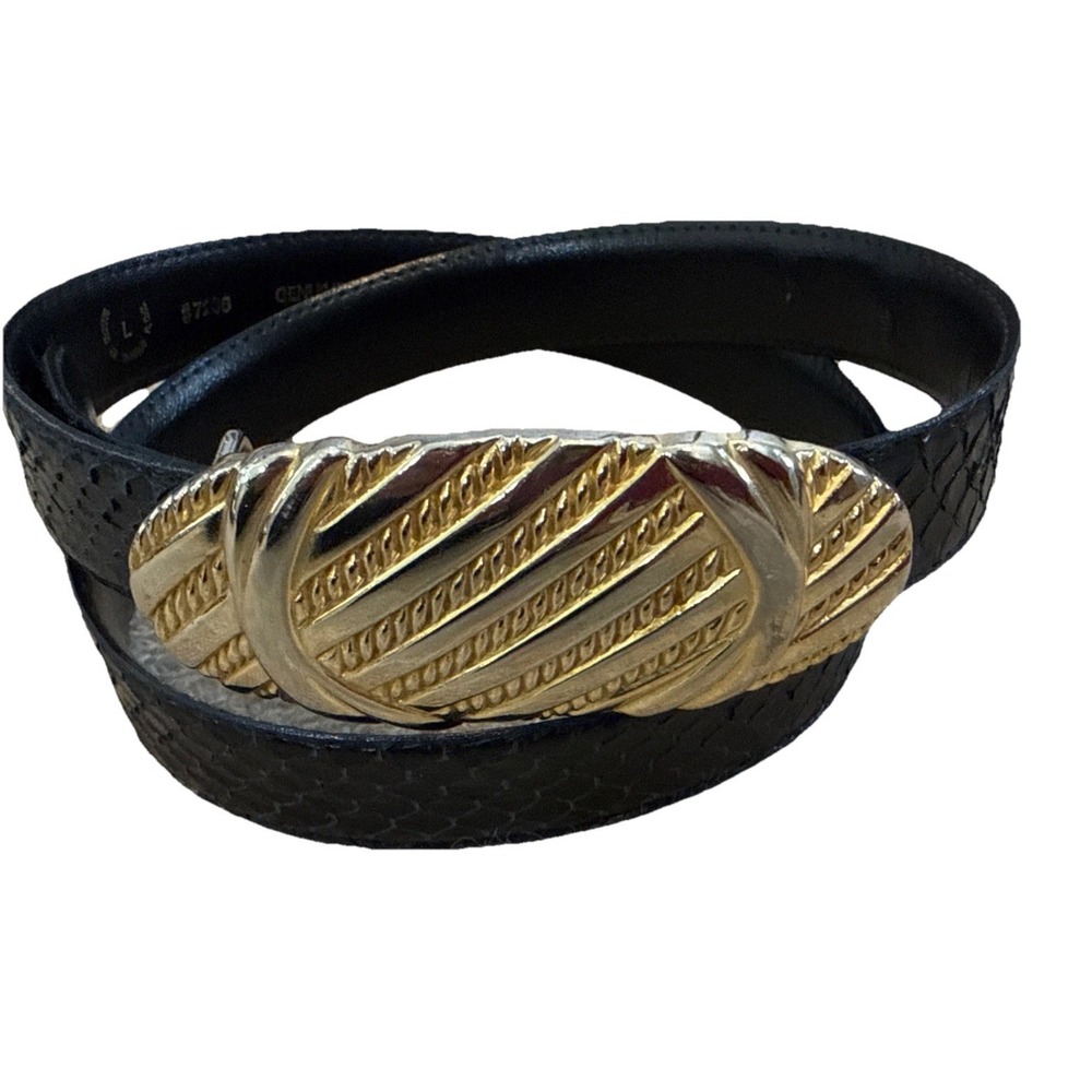 Vintage Women's Genuine Snakeskin Black Leather  Belt Gold Buckle Size Large